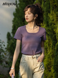 Camiseta Mujer Cuello Cuadrado - Manga Corta Algodón Elegante Oficina Primavera