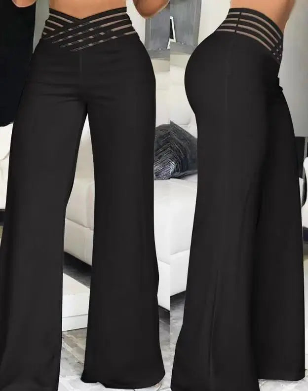 High Waist Loose Long Pants Wide Leg Pants Hollow out Belt Casual Loose Fit Ladies Fashion Polyester Fiber Printed