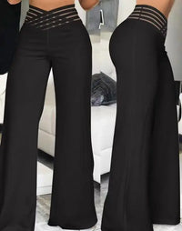 High Waist Loose Long Pants Wide Leg Pants Hollow out Belt Casual Loose Fit Ladies Fashion Polyester Fiber Printed