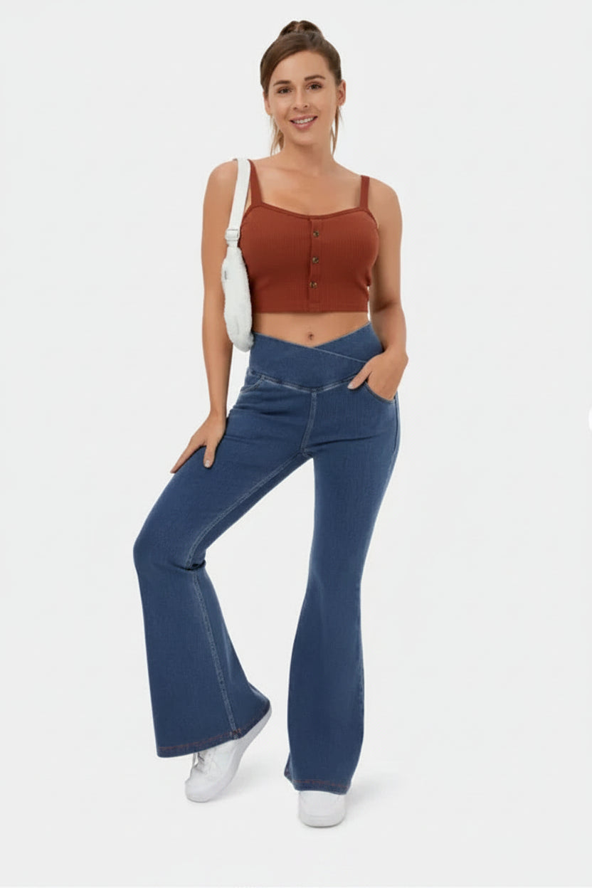 Women's High-Waist Crossover Flare Denim Pants - Hip-Lifting Stretch