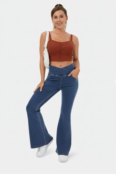 Women's High-Waist Crossover Flare Denim Pants - Hip-Lifting Stretch