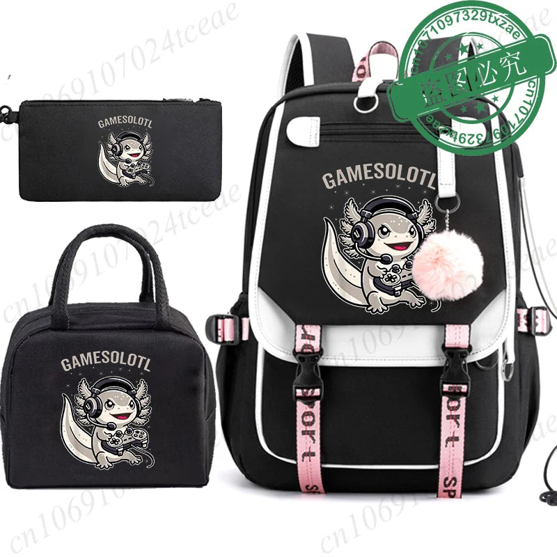 Mochila Escolar Anime Boba Axolotl con Lonchera y Estuche - Set 3 Piezas para Adolescentes