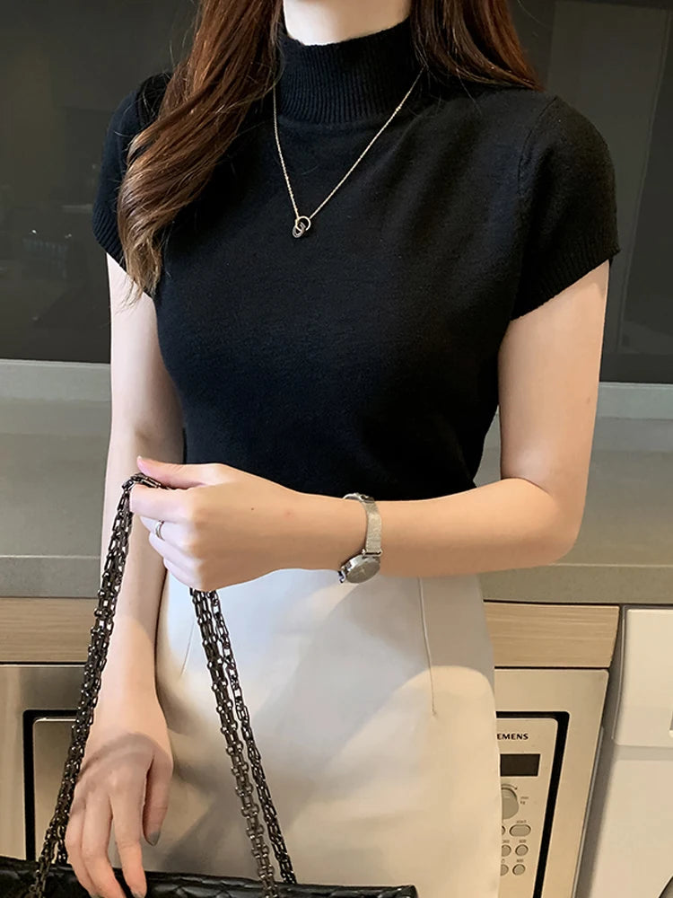 Korean Knit Slim Turtleneck Blouse – Solid Short Sleeve Women's Top