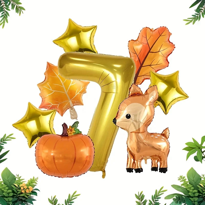 8Pcs Autumn Forest Animals Kids Birthday Party Decoration Fawn Maple Foil Balloon With 1-9 Number Balloon Thanksgiving Deco Gift