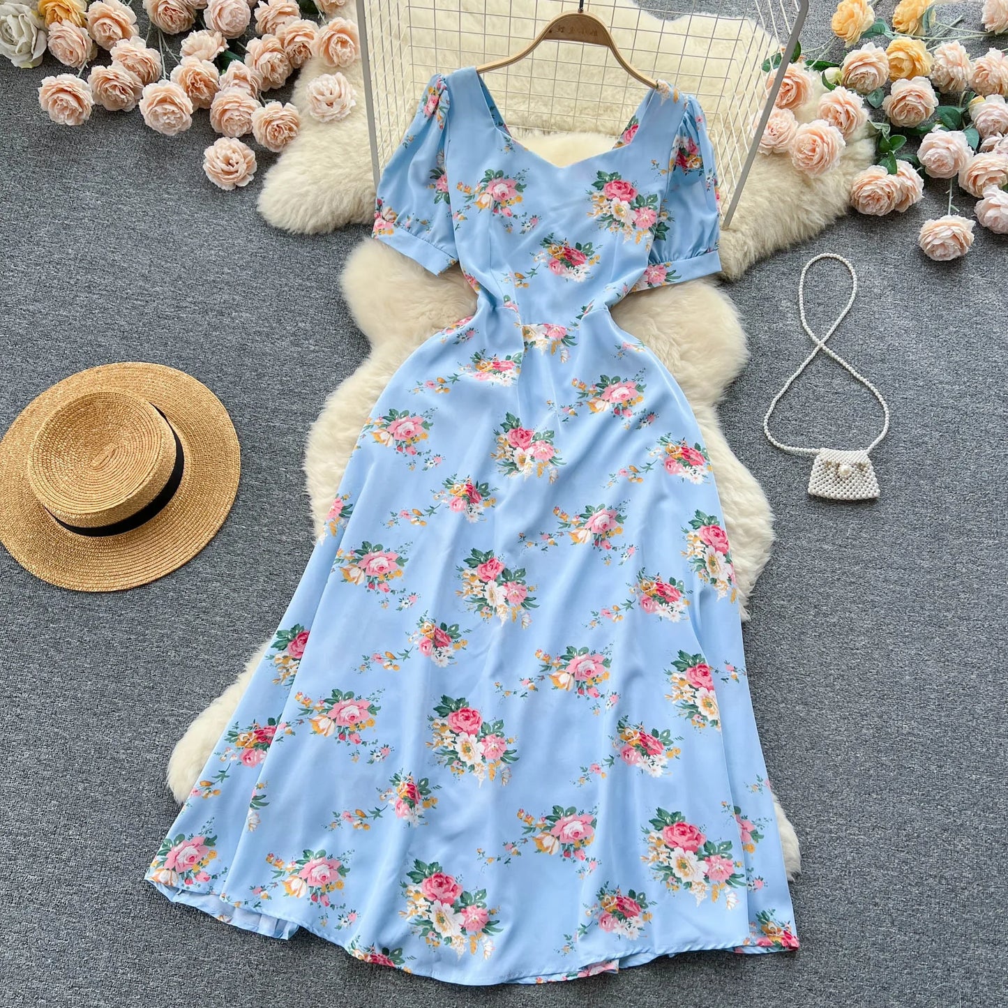 Contrast Color Print A-Line Midi Dress | Sweet High Waist Short Sleeve Women's Summer Dress