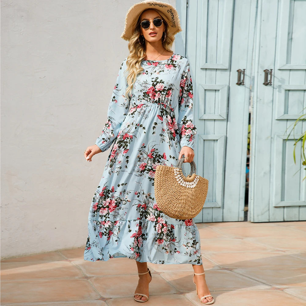 Vestido Maxi Mujer Bohemio - Manga Larga Cintura Alta Estampado Floral Chiffon Playa