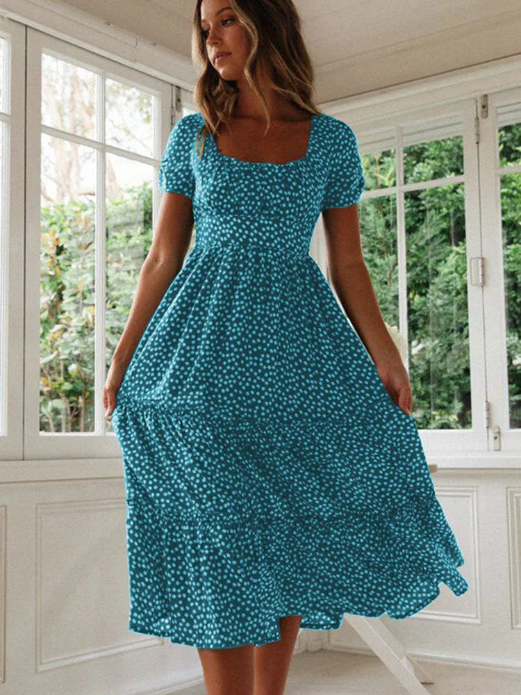 Floral Square Collar Puff Sleeve Midi Dress | A-Line Ruffle Women's Summer Party Dress