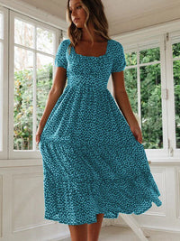 Floral Square Collar Puff Sleeve Midi Dress | A-Line Ruffle Women's Summer Party Dress