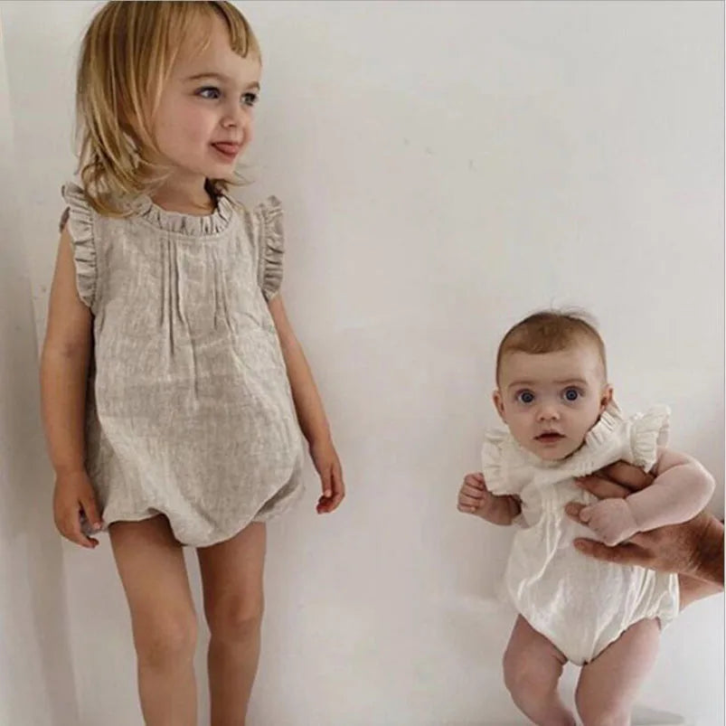 Baby Girls Vintage Linen & Cotton Ruffle Romper | Sleeveless Bodysuit, Ages 0–24M