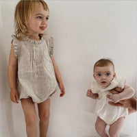 Baby Girls Vintage Linen & Cotton Ruffle Romper | Sleeveless Bodysuit, Ages 0–24M
