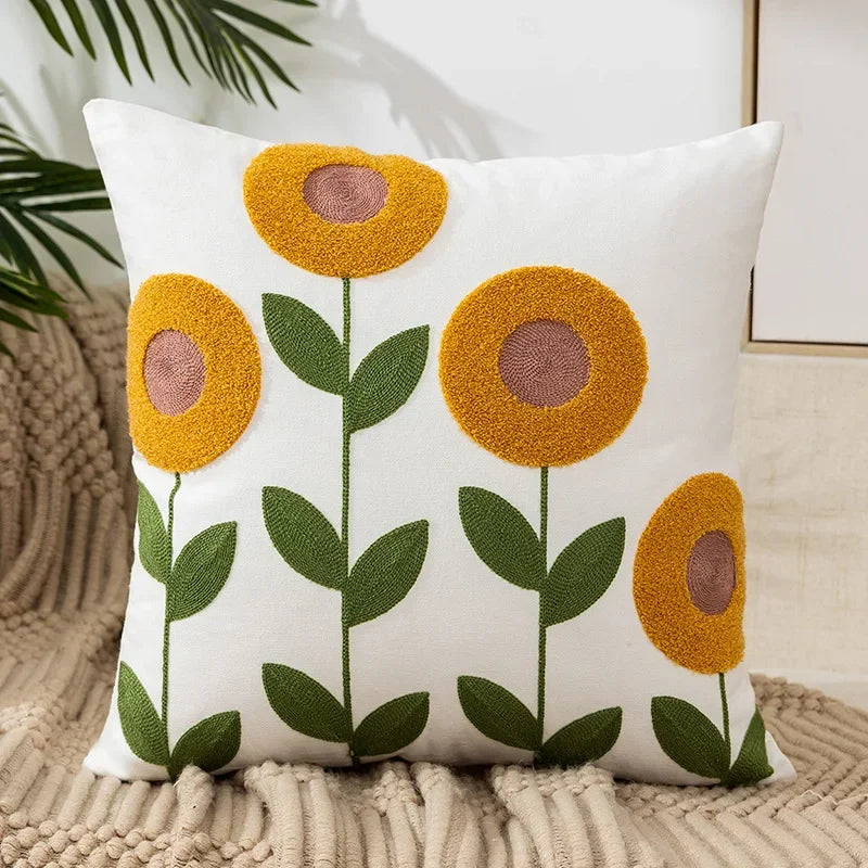 Floral Embroidered Cotton Pillow Cover - Rustic Decorative Cushion Case