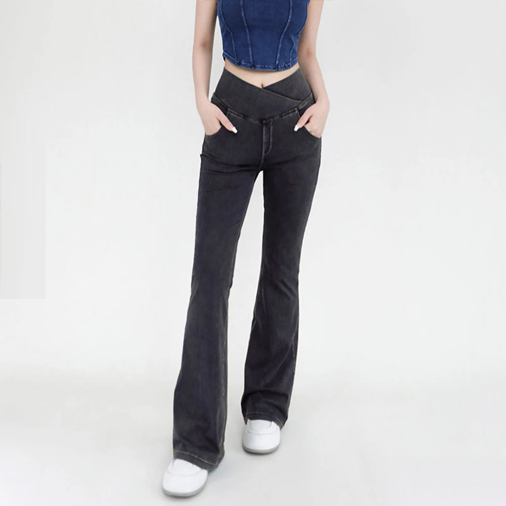 Women's High-Waist Bell Bottom Yoga Pants - 4-Way Stretch Denim Flare
