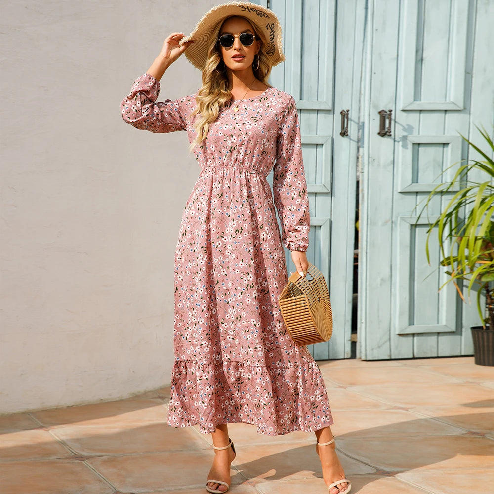 Vestido Maxi Mujer Bohemio - Manga Larga Cintura Alta Estampado Floral Chiffon Playa