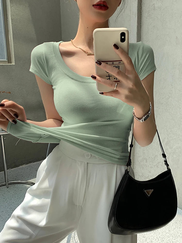 Camiseta Mujer 100% Algodón - Cuello Redondo Slim Fit Básica Coreana Verano 2025