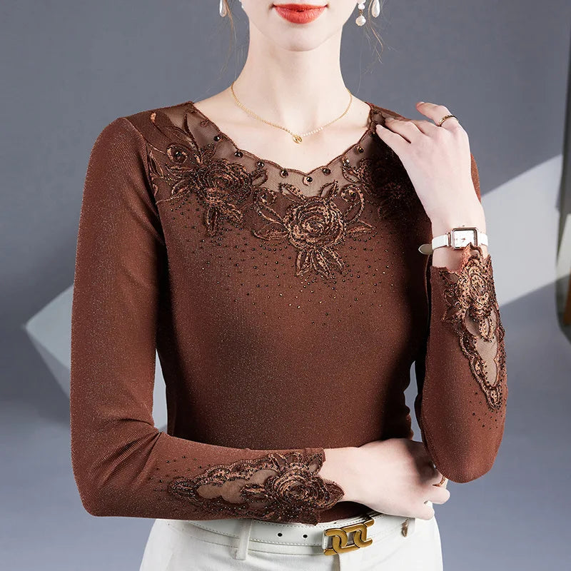 Embroidered Diamond Lace Long Sleeve Top – Loose Fit O-Neck Women's Tee