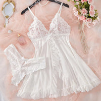 Conjunto de Lencería de Encaje 2 Piezas - Camisón Transparente con Sostén y Panty