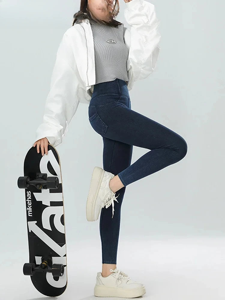 Jeggings Mujer Cintura Alta - Leggings Efecto Jeans con Bolsillos