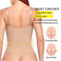Deep V-Neck Thong Bodysuit Shapewear with Built-In Bra & Waist Trainer