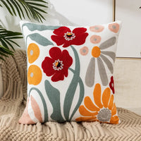 Floral Embroidered Cotton Pillow Cover - Rustic Decorative Cushion Case