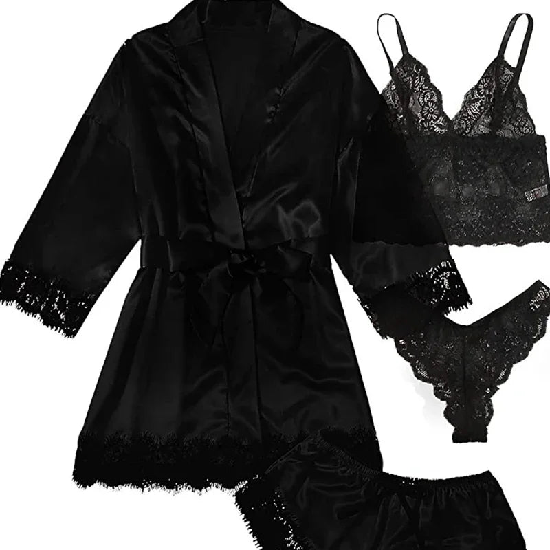 Conjunto Pijama Sexy 4 Piezas con Encaje - Camisola, Shorts, Bata y Lencería Mujer
