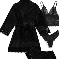 Conjunto Pijama Sexy 4 Piezas con Encaje - Camisola, Shorts, Bata y Lencería Mujer