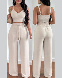 Women's V-Neck Shirred Crop Top & Wide Leg Pants Set | Elegant 2-Piece Office Suit