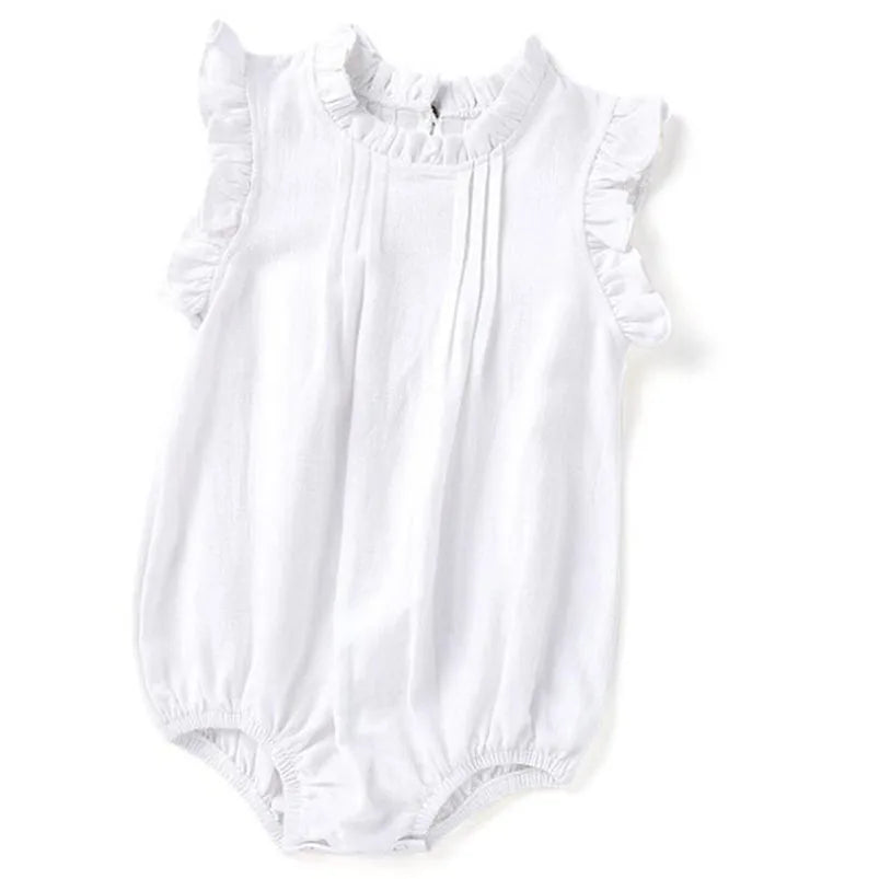 Baby Girls Vintage Linen & Cotton Ruffle Romper | Sleeveless Bodysuit, Ages 0–24M