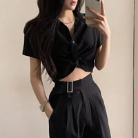 Cross-Front Turn-Down Collar Crop Blouse – Korean Chic Slim Fit Women's Summer Top