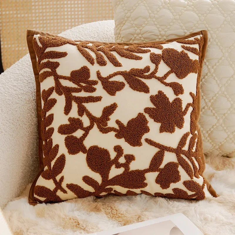 French Light Luxury Forest Jacquard Cushion Cover | Brown Patchwork Pillow Case