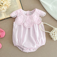 Baby Girls Petal Collar Cotton Romper | Sleeveless Patchwork Jumpsuit, Ages 0–24M