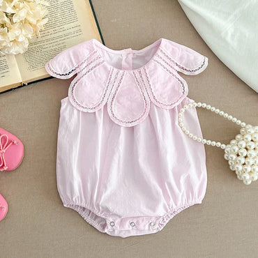 Baby Girls Petal Collar Cotton Romper | Sleeveless Patchwork Jumpsuit, Ages 0–24M