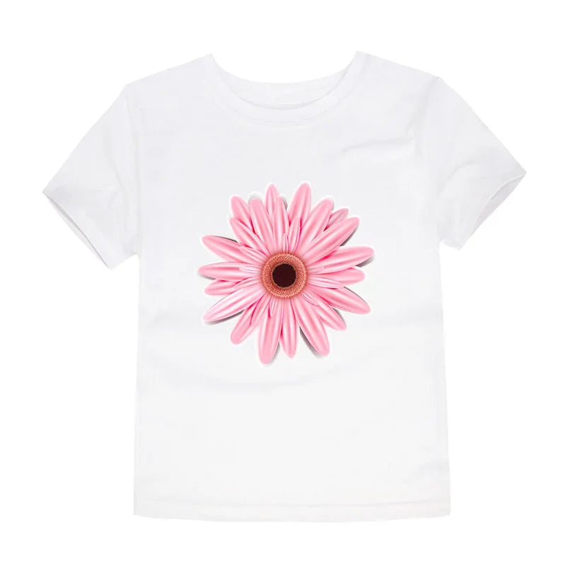 Girls 100% Cotton Flower Print T-Shirt | Sizes 2–14 Years | Pink & White