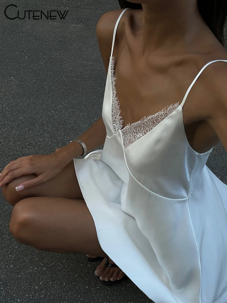 Vestido Mini Mujer con Encaje - Espalda Descubierta Cuello V Línea A para Fiesta