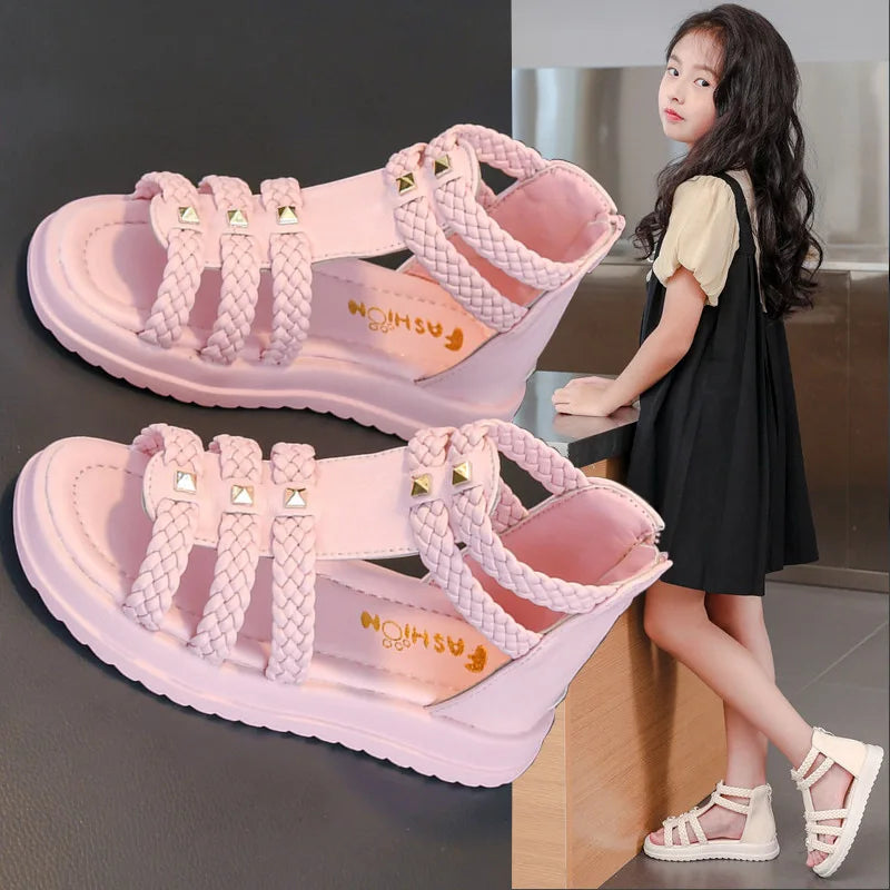 Mumoresip Girls Roman Gladiator Sandals - Braided High-Top Summer Shoes