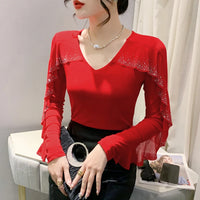 Korean Mesh Ruffle Top with Hot Diamonds | Long Sleeve Slim Fit Women's Shirt