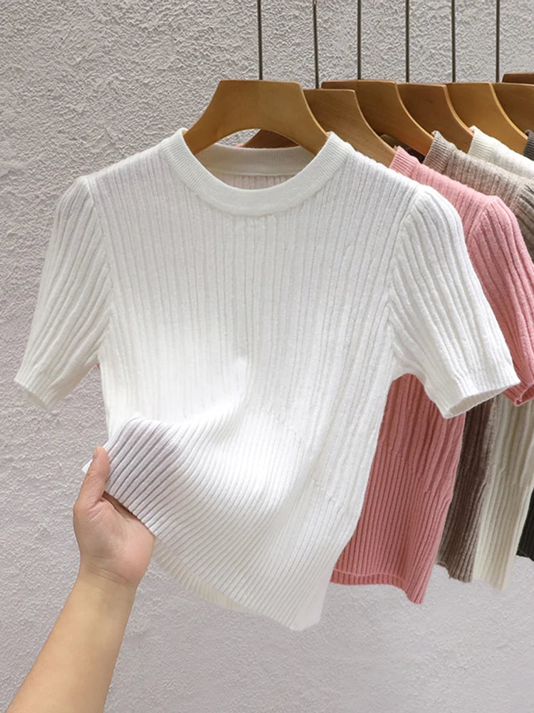 Korean Knit Slim Fit T-Shirt – Solid Color Short Sleeve Women's Streetwear Tee