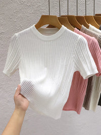 Korean Knit Slim Fit T-Shirt – Solid Color Short Sleeve Women's Streetwear Tee