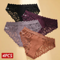 Set 4 Panties Sexy de Encaje Tiro Bajo - Lencería Transparente Elegante