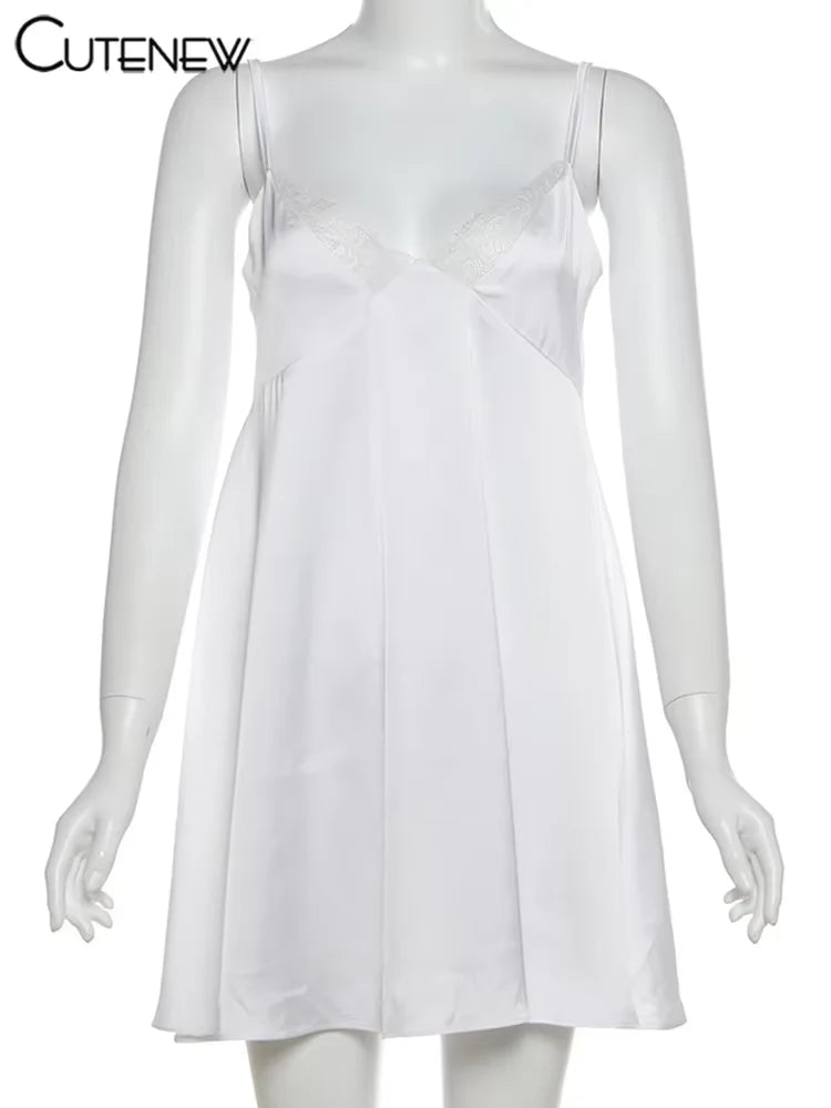 Vestido Mini Mujer con Encaje - Espalda Descubierta Cuello V Línea A para Fiesta