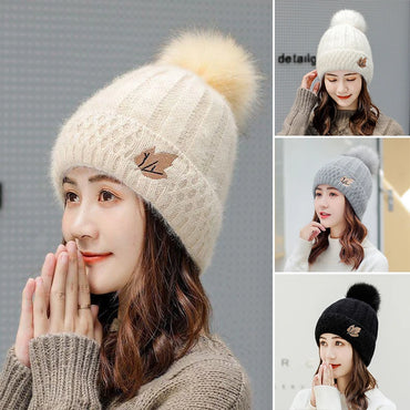 Gorro de Invierno con Pompón y Bordado de Hojas - Beanie de Lana Tejida para Mujer