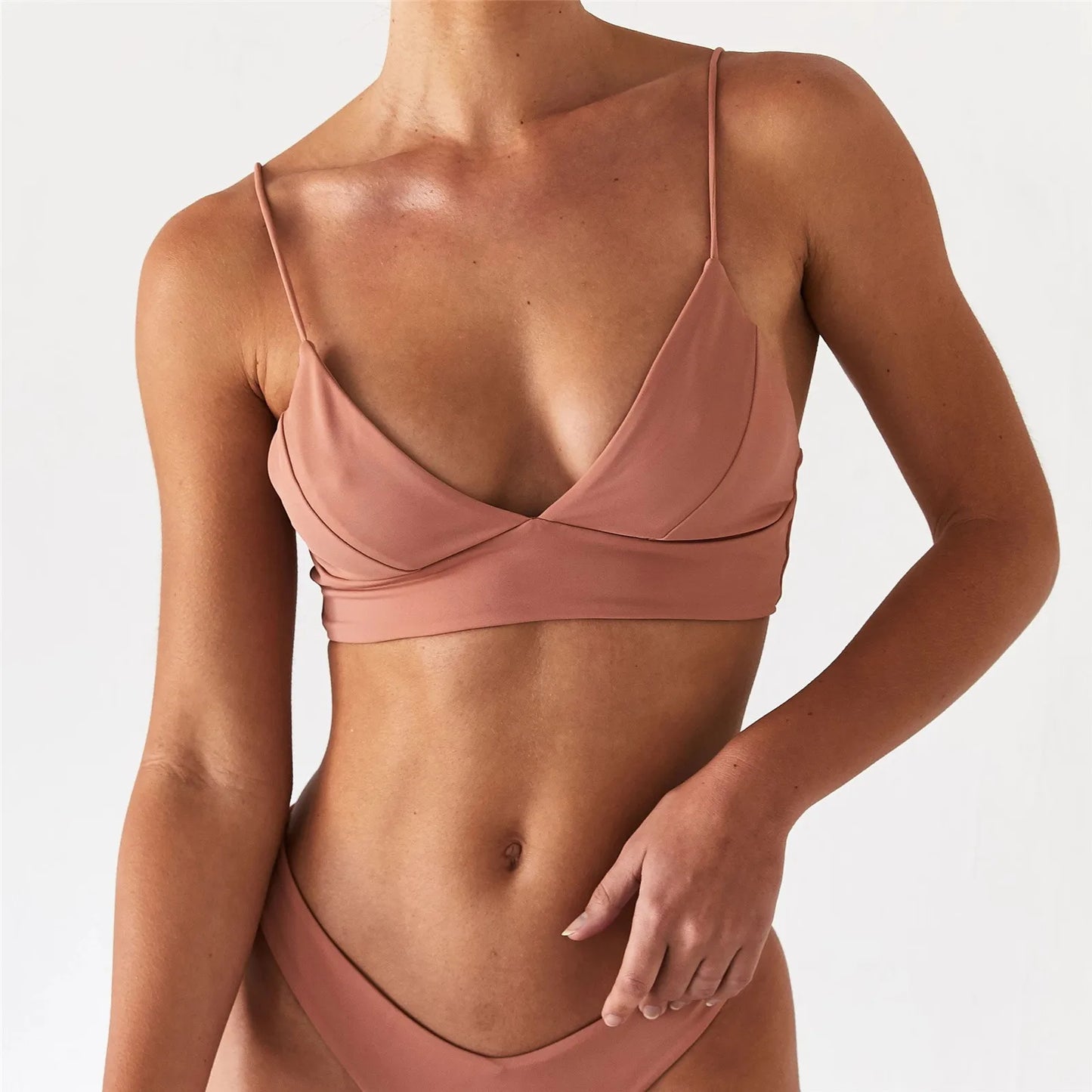 Bikini Push Up de Color Sólido - Conjunto de Dos Piezas con Talle Alto