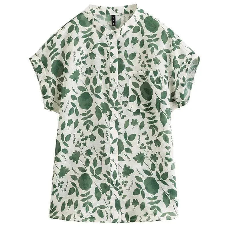 Floral Print Stand Collar Short Sleeve Blouse – Casual Women's Summer Top