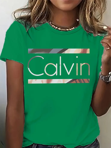Women's Calvin Letter Print T-Shirt | Casual Crew Neck