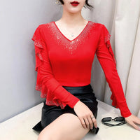 Women's Long Sleeve V-Neck Top | Flounce Sleeves, Lace & Sequin Detail, Slim Fit