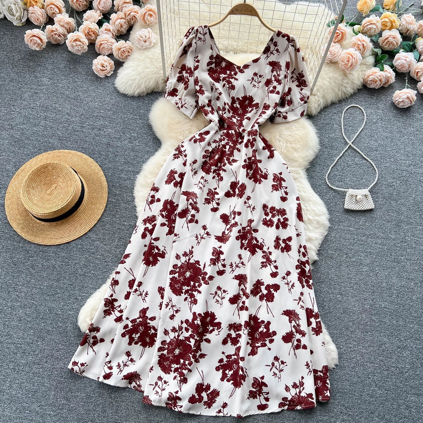 Contrast Color Print A-Line Midi Dress | Sweet High Waist Short Sleeve Women's Summer Dress