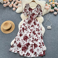 Contrast Color Print A-Line Midi Dress | Sweet High Waist Short Sleeve Women's Summer Dress
