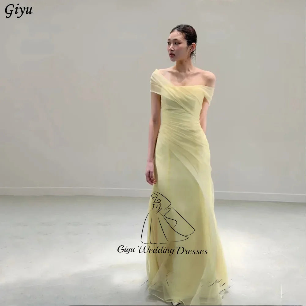 Giyu Yellow Organza Evening Gown - Off Shoulder A-Line Formal Dress