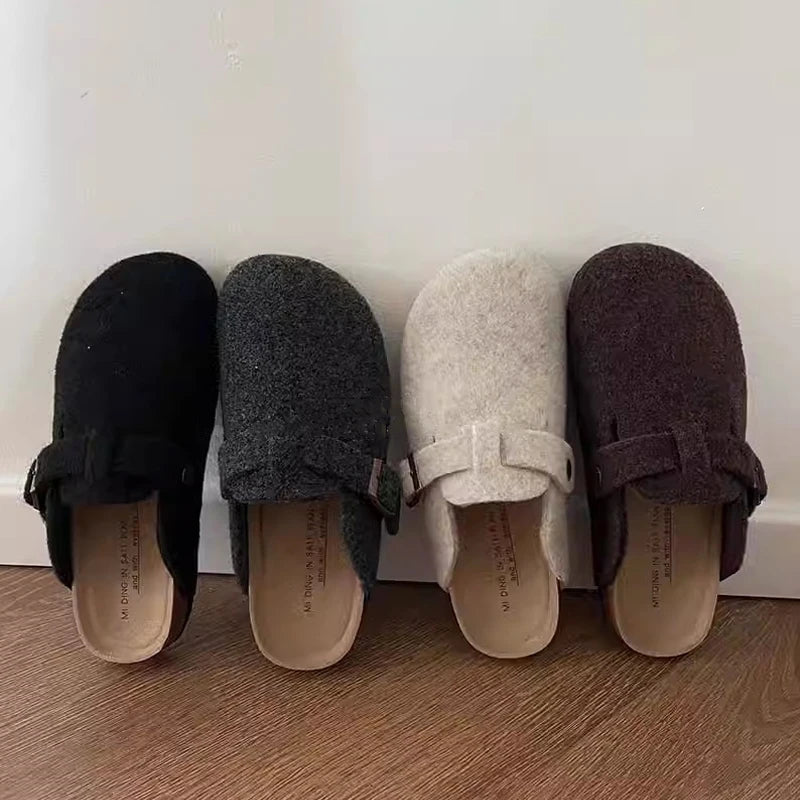 Pantuflas de Fieltro con Base de Corcho para Mujer - Zuecos Cerrados Cálidos con Forro de Felpa