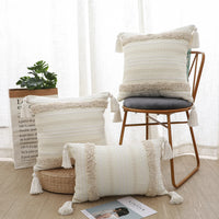 Boho Tufted Throw Pillow Cover with Tassels | Neutral Woven Cushion Case