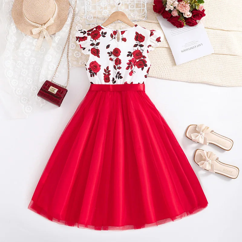 Girls Floral Princess Dress with Belt - Ruffled Sleeve Tulle Formal Dress